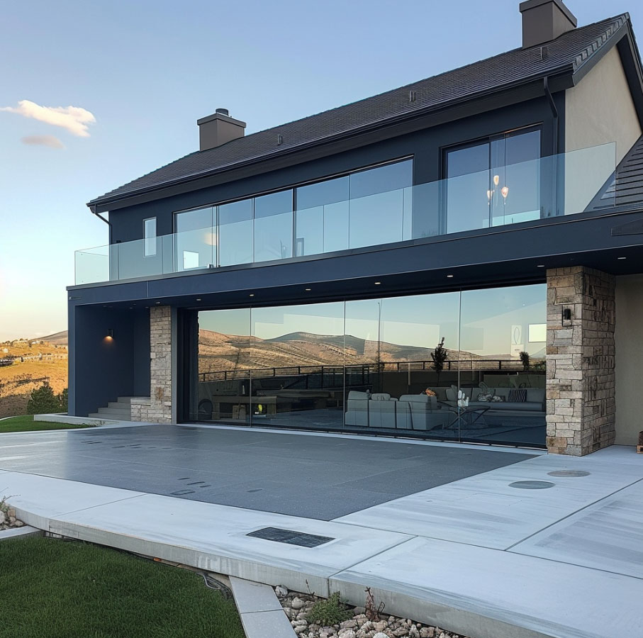 Seamless garage doors, Luxury mountain home, Draper, Utah residence, Modern garage door design, Custom garage doors, Oversized garage doors, Glass garage doors, Aluminum garage door frames, Panoramic mountain views, Rustic contemporary architecture, Draper luxury real estate, High-end home construction, Utah custom home builders, Upscale mountain living, Glass and stone exterior, Indoor-outdoor living spaces, Utah mountain vistas, Sleek garage door installation, Energy-efficient garage doors, Secure garage entry