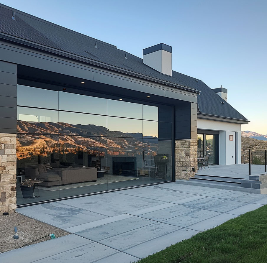 Seamless garage doors, Luxury mountain home, Draper, Utah residence, Modern garage door design, Custom garage doors, Oversized garage doors, Glass garage doors, Aluminum garage door frames, Panoramic mountain views, Rustic contemporary architecture, Draper luxury real estate, High-end home construction, Utah custom home builders, Upscale mountain living, Glass and stone exterior, Indoor-outdoor living spaces, Utah mountain vistas, Sleek garage door installation, Energy-efficient garage doors, Secure garage entry