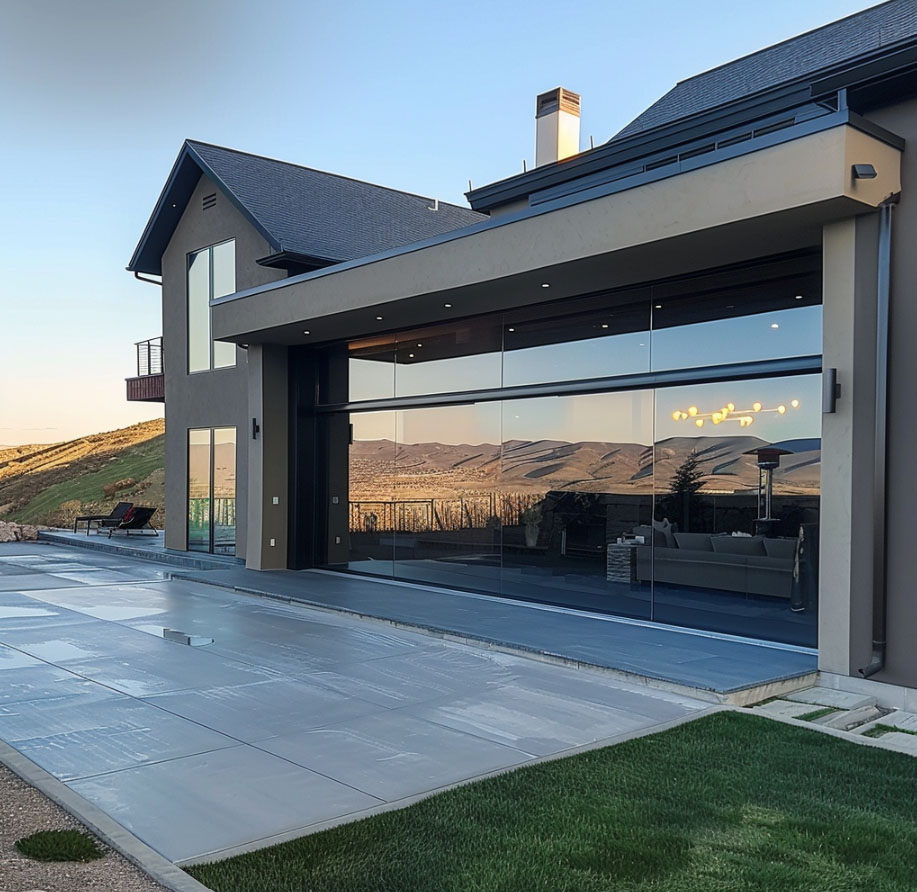 Seamless garage doors, Luxury mountain home, Draper, Utah residence, Modern garage door design, Custom garage doors, Oversized garage doors, Glass garage doors, Aluminum garage door frames, Panoramic mountain views, Rustic contemporary architecture, Draper luxury real estate, High-end home construction, Utah custom home builders, Upscale mountain living, Glass and stone exterior, Indoor-outdoor living spaces, Utah mountain vistas, Sleek garage door installation, Energy-efficient garage doors, Secure garage entry